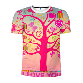 Мужская футболка 3D спортивная с принтом Дерево любви признание , 100% полиэстер с улучшенными характеристиками | приталенный силуэт, круглая горловина, широкие плечи, сужается к линии бедра | бабочки | дерево | деревце | любовь | признание | розовый | романтика | сердечки | цветочки