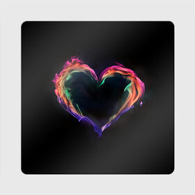 Магнит виниловый Квадрат с принтом пламенное сердце на черном , полимерный материал с магнитным слоем | размер 9*9 см, закругленные углы | Тематика изображения на принте: любовь | огонь | пламя | пылает | радужный огонь | сердечко | сердце | темный фон | чувства