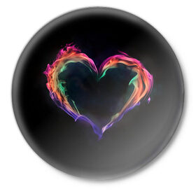 Значок с принтом пламенное сердце на черном ,  металл | круглая форма, металлическая застежка в виде булавки | Тематика изображения на принте: любовь | огонь | пламя | пылает | радужный огонь | сердечко | сердце | темный фон | чувства