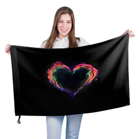 Флаг 3D с принтом пламенное сердце на черном , 100% полиэстер | плотность ткани — 95 г/м2, размер — 67 х 109 см. Принт наносится с одной стороны | любовь | огонь | пламя | пылает | радужный огонь | сердечко | сердце | темный фон | чувства