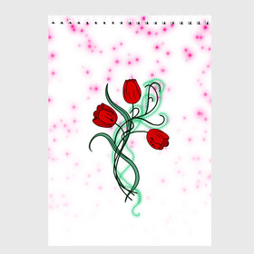 Скетчбук с принтом Весенний вальс , 100% бумага
 | 48 листов, плотность листов — 100 г/м2, плотность картонной обложки — 250 г/м2. Листы скреплены сверху удобной пружинной спиралью | 8 марта | love | tulips | алые | бабушка | букет | бутоны | весна | девушке | дочь | жена | женщинам | красные цветы | лепестки | лето | листья | лучшая | любимая | любовь | мама | подарок | природа