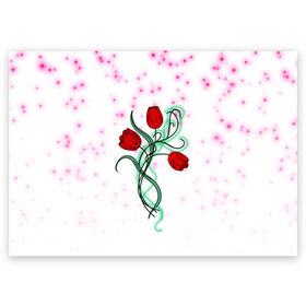 Поздравительная открытка с принтом Весенний вальс , 100% бумага | плотность бумаги 280 г/м2, матовая, на обратной стороне линовка и место для марки
 | Тематика изображения на принте: 8 марта | love | tulips | алые | бабушка | букет | бутоны | весна | девушке | дочь | жена | женщинам | красные цветы | лепестки | лето | листья | лучшая | любимая | любовь | мама | подарок | природа