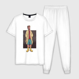 Мужская пижама хлопок с принтом Мужчина в халате , 100% хлопок | брюки и футболка прямого кроя, без карманов, на брюках мягкая резинка на поясе и по низу штанин
 | bathrobe | boy | chill | guy | hands in pockets | man | мужчина | халат | чел | чилит