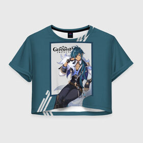 Женская футболка Crop-top 3D с принтом Кэйа - Genshin Impact , 100% полиэстер | круглая горловина, длина футболки до линии талии, рукава с отворотами | genshin impact | геншин | игра | игровой | кавайный | крио | кэйа | кэйа олберич | манга | персонаж | подарок | синий