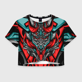 Женская футболка Crop-top 3D с принтом CyberSkull , 100% полиэстер | круглая горловина, длина футболки до линии талии, рукава с отворотами | cyberpunk | evil | head | mask | mechanical | rage | robot | skull | арт | гнев | голова | демон | дьявол | злой | киберпанк | маска | механический | монстр | робот | рога | самурай | череп