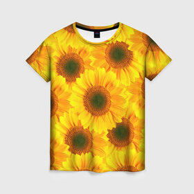 Женская футболка 3D с принтом Принт подсолнухи желтый , 100% полиэфир ( синтетическое хлопкоподобное полотно) | прямой крой, круглый вырез горловины, длина до линии бедер | желтый | лето | подсолнухи | солнце | цветение | цветы