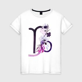 Женская футболка хлопок с принтом Козерог , 100% хлопок | прямой крой, круглый вырез горловины, длина до линии бедер, слегка спущенное плечо | астрология | знаки зодиака | зодиак | созвездие | фиолетовый | цикл