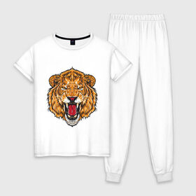 Женская пижама хлопок с принтом Голова льва , 100% хлопок | брюки и футболка прямого кроя, без карманов, на брюках мягкая резинка на поясе и по низу штанин | head | lion | predator | голова | лев | хищник