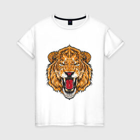 Женская футболка хлопок с принтом Голова льва , 100% хлопок | прямой крой, круглый вырез горловины, длина до линии бедер, слегка спущенное плечо | head | lion | predator | голова | лев | хищник