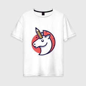Женская футболка хлопок Oversize с принтом Единорог с карандашом , 100% хлопок | свободный крой, круглый ворот, спущенный рукав, длина до линии бедер
 | horse | pegasus | pencil | unicorn | единорог | карандаш | конь | лошадь | пегас