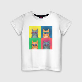 Детская футболка хлопок с принтом Pop Cat , 100% хлопок | круглый вырез горловины, полуприлегающий силуэт, длина до линии бедер | Тематика изображения на принте: art | cat | colorful | mem | meme | memes | music | pop | rainbow | retro | style | арт | буп | кот | котенок | котик | котэ | краски | красочный | мем | мемы | музыка | ретро