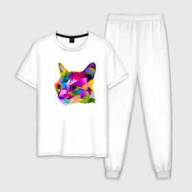 Мужская пижама хлопок с принтом Pop Cat , 100% хлопок | брюки и футболка прямого кроя, без карманов, на брюках мягкая резинка на поясе и по низу штанин
 | Тематика изображения на принте: art | cat | colorful | mem | meme | memes | music | pop | rainbow | retro | style | арт | буп | кот | котенок | котик | котэ | краски | красочный | мем | мемы | музыка | ретро