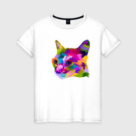Женская футболка хлопок с принтом Pop Cat , 100% хлопок | прямой крой, круглый вырез горловины, длина до линии бедер, слегка спущенное плечо | art | cat | colorful | mem | meme | memes | music | pop | rainbow | retro | style | арт | буп | кот | котенок | котик | котэ | краски | красочный | мем | мемы | музыка | ретро