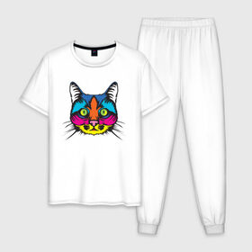 Мужская пижама хлопок с принтом Pop Cat , 100% хлопок | брюки и футболка прямого кроя, без карманов, на брюках мягкая резинка на поясе и по низу штанин
 | art | cat | colorful | mem | meme | memes | music | pop | rainbow | retro | style | арт | буп | кот | котенок | котик | котэ | краски | красочный | мем | мемы | музыка | ретро