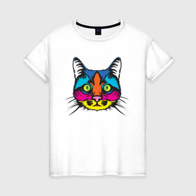 Женская футболка хлопок с принтом Pop Cat , 100% хлопок | прямой крой, круглый вырез горловины, длина до линии бедер, слегка спущенное плечо | art | cat | colorful | mem | meme | memes | music | pop | rainbow | retro | style | арт | буп | кот | котенок | котик | котэ | краски | красочный | мем | мемы | музыка | ретро