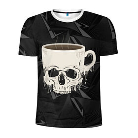 Мужская футболка 3D спортивная с принтом Кофе из черепа , 100% полиэстер с улучшенными характеристиками | приталенный силуэт, круглая горловина, широкие плечи, сужается к линии бедра | horror | кости | скелет | слова | ужас | ужасы | хоррор | через из слов | череп