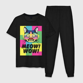 Мужская пижама хлопок с принтом Pop Cat | Meow Wow! , 100% хлопок | брюки и футболка прямого кроя, без карманов, на брюках мягкая резинка на поясе и по низу штанин
 | cat | kitty | meow | popcat | wow | кот | кошка | мяв | мяу | поп кет | поп кошка