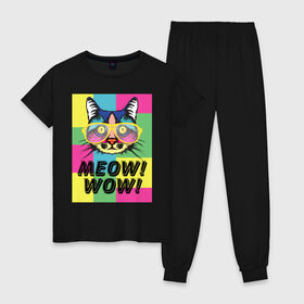 Женская пижама хлопок с принтом Pop Cat | Meow Wow! , 100% хлопок | брюки и футболка прямого кроя, без карманов, на брюках мягкая резинка на поясе и по низу штанин | cat | kitty | meow | popcat | wow | кот | кошка | мяв | мяу | поп кет | поп кошка