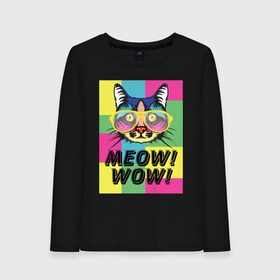 Женский лонгслив хлопок с принтом Pop Cat | Meow Wow! , 100% хлопок |  | cat | kitty | meow | popcat | wow | кот | кошка | мяв | мяу | поп кет | поп кошка