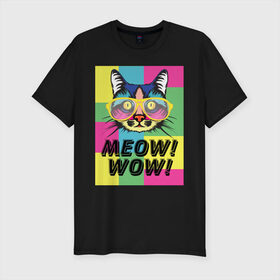 Мужская футболка хлопок Slim с принтом Pop Cat | Meow Wow! , 92% хлопок, 8% лайкра | приталенный силуэт, круглый вырез ворота, длина до линии бедра, короткий рукав | Тематика изображения на принте: cat | kitty | meow | popcat | wow | кот | кошка | мяв | мяу | поп кет | поп кошка