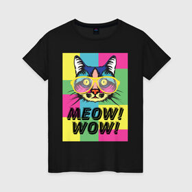 Женская футболка хлопок с принтом Pop Cat | Meow Wow! , 100% хлопок | прямой крой, круглый вырез горловины, длина до линии бедер, слегка спущенное плечо | cat | kitty | meow | popcat | wow | кот | кошка | мяв | мяу | поп кет | поп кошка