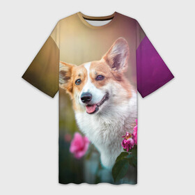 Платье-футболка 3D с принтом Корги в розовом кусте ,  |  | домашний питомец | корги | куст | луг | малыш | нос | песик | поле | розы | собака | собаколюб | собачка | собачникам | уши | цветы | четвероногий друг | щенок | язык