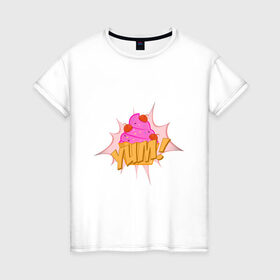 Женская футболка хлопок с принтом Ням-ням , 100% хлопок | прямой крой, круглый вырез горловины, длина до линии бедер, слегка спущенное плечо | вкусности | десерт | еда | ням ням | сладости