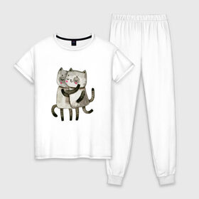 Женская пижама хлопок с принтом Парочка , 100% хлопок | брюки и футболка прямого кроя, без карманов, на брюках мягкая резинка на поясе и по низу штанин | влюбленные | котики | кошки | любовь | полосатый