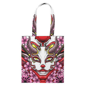 Шоппер 3D с принтом Японский демон , 100% полиэстер | Плотность: 200 г/м2; Размер: 34×35 см; Высота лямок: 30 см | demon | fox | japanese | mask | арт | голова | демон | маска | монстр | рисунок | рога | цветы | японский