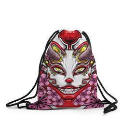 Рюкзак-мешок 3D с принтом Японский демон , 100% полиэстер | плотность ткани — 200 г/м2, размер — 35 х 45 см; лямки — толстые шнурки, застежка на шнуровке, без карманов и подкладки | demon | fox | japanese | mask | арт | голова | демон | маска | монстр | рисунок | рога | цветы | японский