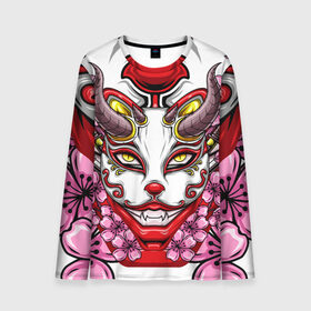 Мужской лонгслив 3D с принтом Японский демон , 100% полиэстер | длинные рукава, круглый вырез горловины, полуприлегающий силуэт | demon | fox | japanese | mask | арт | голова | демон | маска | монстр | рисунок | рога | цветы | японский