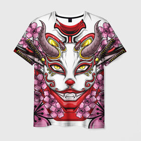 Мужская футболка 3D с принтом Японский демон , 100% полиэфир | прямой крой, круглый вырез горловины, длина до линии бедер | demon | fox | japanese | mask | арт | голова | демон | маска | монстр | рисунок | рога | цветы | японский