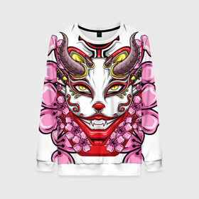 Женский свитшот 3D с принтом Японский демон , 100% полиэстер с мягким внутренним слоем | круглый вырез горловины, мягкая резинка на манжетах и поясе, свободная посадка по фигуре | demon | fox | japanese | mask | арт | голова | демон | маска | монстр | рисунок | рога | цветы | японский