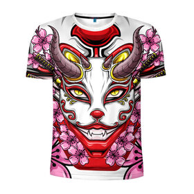 Мужская футболка 3D спортивная с принтом Японский демон , 100% полиэстер с улучшенными характеристиками | приталенный силуэт, круглая горловина, широкие плечи, сужается к линии бедра | demon | fox | japanese | mask | арт | голова | демон | маска | монстр | рисунок | рога | цветы | японский