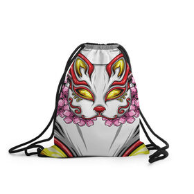 Рюкзак-мешок 3D с принтом Японский демон , 100% полиэстер | плотность ткани — 200 г/м2, размер — 35 х 45 см; лямки — толстые шнурки, застежка на шнуровке, без карманов и подкладки | demon | fox | japanese | mask | арт | голова | демон | маска | монстр | рисунок | цветы | японский