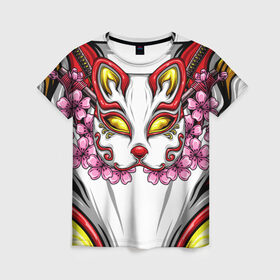 Женская футболка 3D с принтом Японский демон , 100% полиэфир ( синтетическое хлопкоподобное полотно) | прямой крой, круглый вырез горловины, длина до линии бедер | demon | fox | japanese | mask | арт | голова | демон | маска | монстр | рисунок | цветы | японский