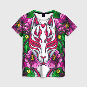 Женская футболка 3D с принтом Японский демон , 100% полиэфир ( синтетическое хлопкоподобное полотно) | прямой крой, круглый вырез горловины, длина до линии бедер | demon | fox | japanese | mask | арт | голова | демон | маска | монстр | рисунок | цветы | японский