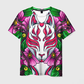 Мужская футболка 3D с принтом Японский демон , 100% полиэфир | прямой крой, круглый вырез горловины, длина до линии бедер | demon | fox | japanese | mask | арт | голова | демон | маска | монстр | рисунок | цветы | японский