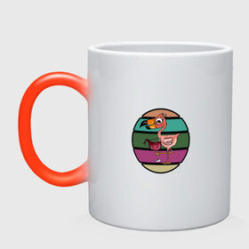 Кружка хамелеон с принтом Пьющий фламинго , керамика | меняет цвет при нагревании, емкость 330 мл | пернатые | пить сок | птица | розовые перья | фламинго