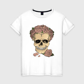 Женская футболка хлопок с принтом Skull Roses , 100% хлопок | прямой крой, круглый вырез горловины, длина до линии бедер, слегка спущенное плечо | art | body | bones | dead | drawing | face | graffiti | head | roses | skeleton | skul | skull | ад | арт | голова | граффити | зло | кости | лицо | металл | нарисованный | розы | рок | скелет | скул | скулл | три черепа | тьма