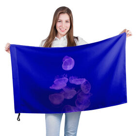 Флаг 3D с принтом Медузы в синей глубине , 100% полиэстер | плотность ткани — 95 г/м2, размер — 67 х 109 см. Принт наносится с одной стороны | аквариум | животные | медузы | морские жители | рыбы