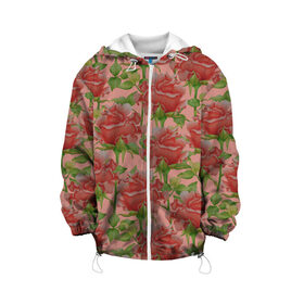 Детская куртка 3D с принтом Розы на розовом фоне , 100% полиэстер | застежка — молния, подол и капюшон оформлены резинкой с фиксаторами, по бокам — два кармана без застежек, один потайной карман на груди, плотность верхнего слоя — 90 г/м2; плотность флисового подклада — 260 г/м2 | 8 марта | flowers | march 8 | spring | ботаническая иллюстрация | весна | день рождения | зеленый | красный | лето | любовь | праздник | принт | природа | растения | розовый | розы | цветы