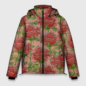 Мужская зимняя куртка 3D с принтом Розы на розовом фоне , верх — 100% полиэстер; подкладка — 100% полиэстер; утеплитель — 100% полиэстер | длина ниже бедра, свободный силуэт Оверсайз. Есть воротник-стойка, отстегивающийся капюшон и ветрозащитная планка. 

Боковые карманы с листочкой на кнопках и внутренний карман на молнии. | 8 марта | flowers | march 8 | spring | ботаническая иллюстрация | весна | день рождения | зеленый | красный | лето | любовь | праздник | принт | природа | растения | розовый | розы | цветы