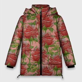 Женская зимняя куртка Oversize с принтом Розы на розовом фоне , верх — 100% полиэстер; подкладка — 100% полиэстер; утеплитель — 100% полиэстер | длина ниже бедра, силуэт Оверсайз. Есть воротник-стойка, отстегивающийся капюшон и ветрозащитная планка. 

Боковые карманы с листочкой на кнопках и внутренний карман на молнии | 8 марта | flowers | march 8 | spring | ботаническая иллюстрация | весна | день рождения | зеленый | красный | лето | любовь | праздник | принт | природа | растения | розовый | розы | цветы