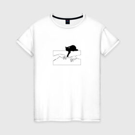Женская футболка хлопок с принтом Сотворение Адама и котик , 100% хлопок | прямой крой, круглый вырез горловины, длина до линии бедер, слегка спущенное плечо | животные | искусство | картинка | кот | котик | кошка | прикол | сотворение адама
