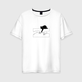 Женская футболка хлопок Oversize с принтом Сотворение Адама и котик , 100% хлопок | свободный крой, круглый ворот, спущенный рукав, длина до линии бедер
 | Тематика изображения на принте: животные | искусство | картинка | кот | котик | кошка | прикол | сотворение адама