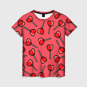 Женская футболка 3D с принтом Сердечки-леденцы , 100% полиэфир ( синтетическое хлопкоподобное полотно) | прямой крой, круглый вырез горловины, длина до линии бедер | 14 февраля | 8 марта | love | девочки | день святого валентина | женская | леденцы | любовь | подружке | сердечки | сосачки | чупа чупс