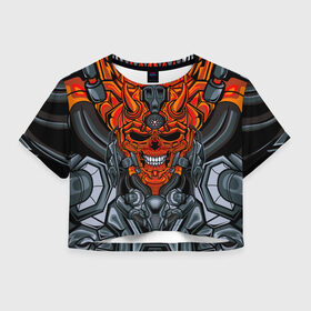 Женская футболка Crop-top 3D с принтом CyberSkull , 100% полиэстер | круглая горловина, длина футболки до линии талии, рукава с отворотами | cyberpunk | evil | head | mask | mechanical | rage | robot | skull | арт | гнев | голова | демон | дьявол | злой | киберпанк | маска | механический | монстр | робот | рога | череп