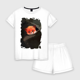 Женская пижама с шортиками хлопок с принтом Бэби Лисёк , 100% хлопок | футболка прямого кроя, шорты свободные с широкой мягкой резинкой | животное | зверёк | лесёнок | лиса | милость