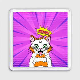 Магнит 55*55 с принтом Meow Pop Art Cat , Пластик | Размер: 65*65 мм; Размер печати: 55*55 мм | Тематика изображения на принте: comics | kitty | meow | pop art | pop cat | retro | арт | белый кот | взгляд | глаза | голова кота | животные | киска | комикс | кот | кошак | кошечка | мем | мультяшный | мур мур | мяу | поп арт | прикол | пушистик | ретро